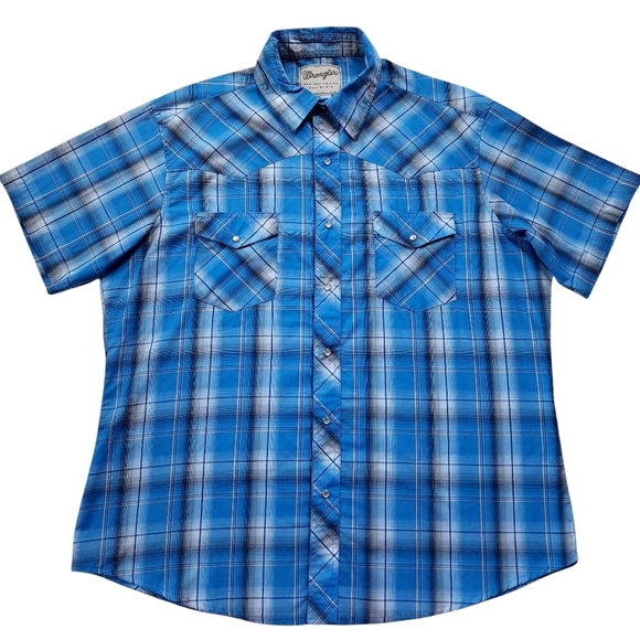 Wrangler Men's Pearl Snap Western Shirt Short Sleeve Blue Plaid Sz XL - Picture 1 of 4